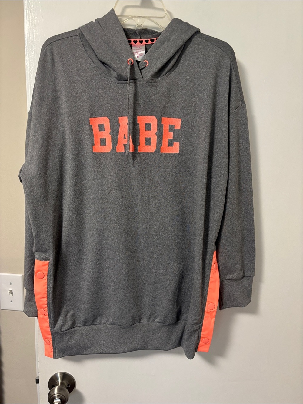 No Boundaries Gray Hoodie with Coral 'BABE' Graphic